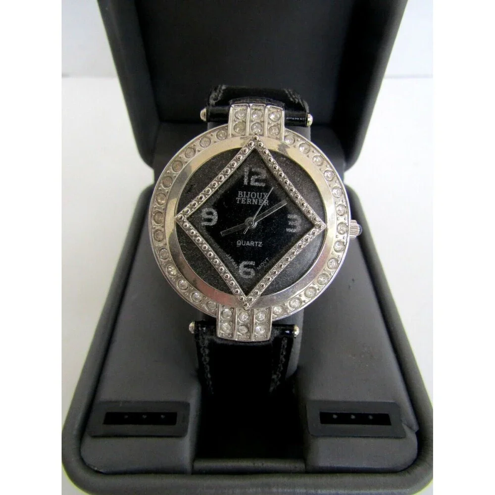 Bijoux Terner Watch Vintage Black Leather Band Quartz Japan Movement Stainless